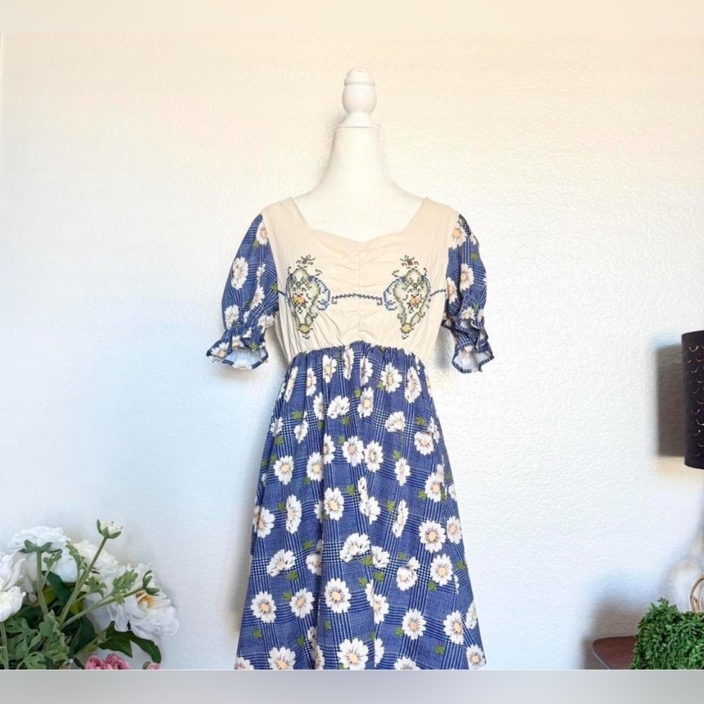 Blue Floral Embroidered Sundress with Cream Yoke cottagecore